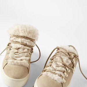 ZARA LEATHER SNEAKERS WITH FAUX FUR TRIM